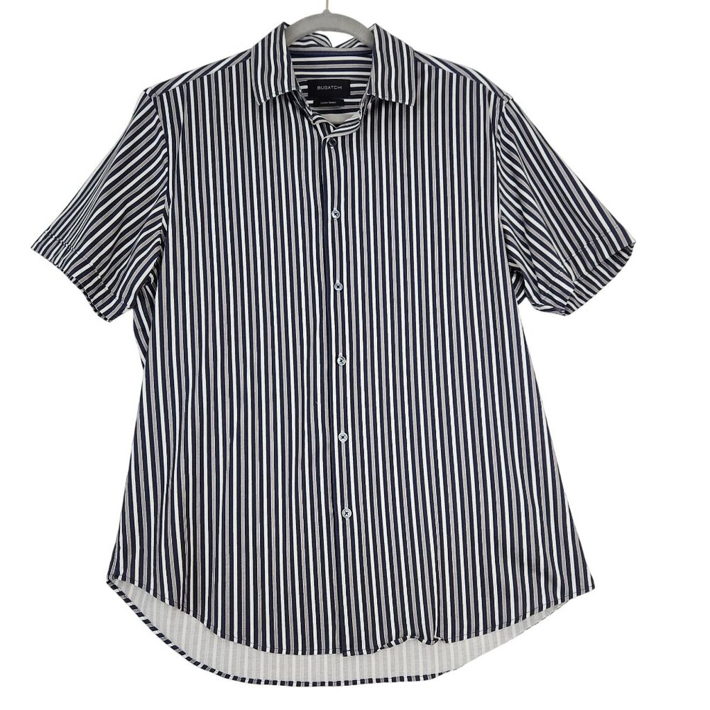 BUGATCHI Shirt Men's Large Comfort Stretch Short Sleeve Button Down Stripped Top
